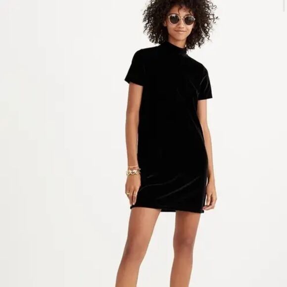 MADEWELL Dress Womens Small Black Pullover Shift Mock Neck Velvet Short Sleeve - Picture 1 of 8